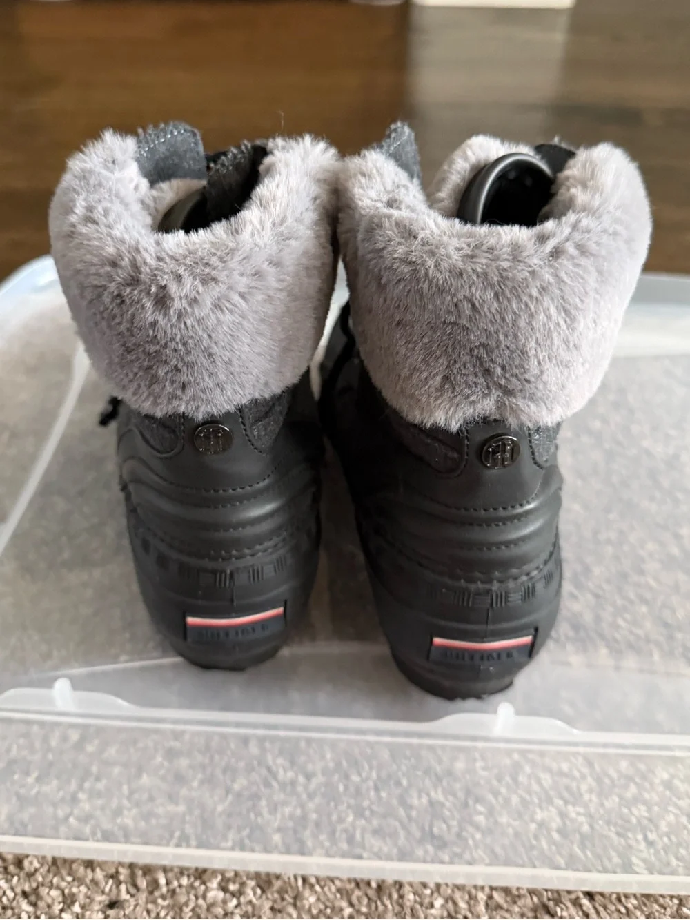 Tommy Hilfiger Black Winter Rain Boots with Gray Faux Fur Cuff